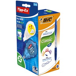 Balpen BIC Atlantis + gratis Tipp-Ex easy medium blauw doos à 12 stuks