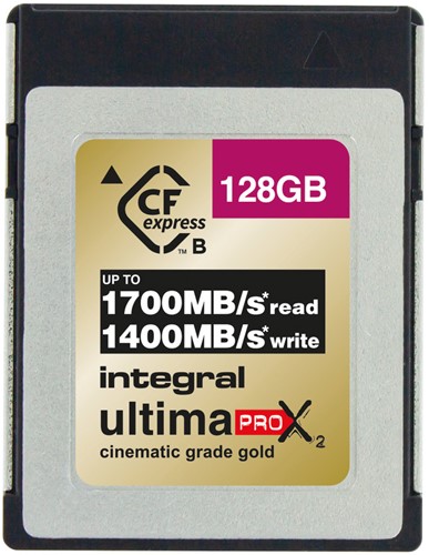 Integral | CFExpress  | 128 GB | Lezen 1700 MB/s  | Schrijven 1400 MB/s | 1300 MB/s Sustained