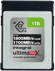 Integral | CFExpress  | 1 TB | Lezen 1800 MB/s  | Schrijven 1700 MB/s | 1300 MB/s Sustained