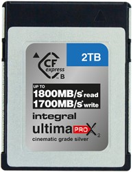 Integral | CFExpress  | 2 TB | Lezen 1800 MB/s  | Schrijven 1700 MB/s | 1300 MB/s Sustained
