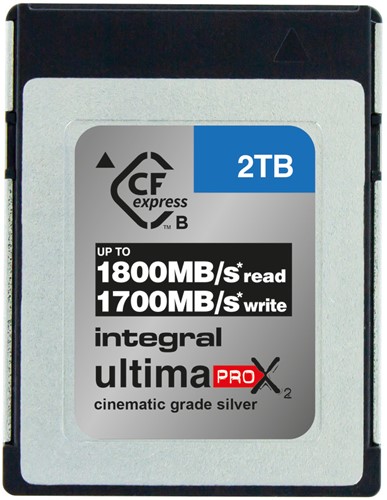 Integral | CFExpress  | 2 TB | Lezen 1800 MB/s  | Schrijven 1700 MB/s | 1300 MB/s Sustained