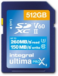 Integral | SDXC | 512 GB | UHS-2 | U3 | V60 | Lezen 260 MB/s  | Schrijven 150 MB/s | High Speed | UltimaPro X2