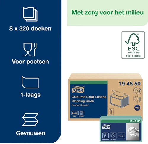 Reinigingsdoek Tork W8 Premium 1-laags 8x40 vel groen 194550-3