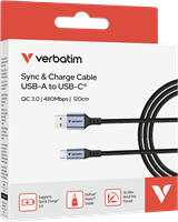 Verbatim | Sync en Laad Kabel | USB-A | USB-C | 480 Mbps | Max 15 Watt | 1,2 mtr | Nylon | Zwart-2