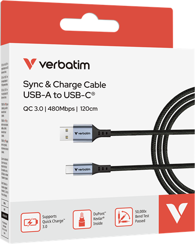 Verbatim | Sync en Laad Kabel | USB-A | USB-C | 480 Mbps | Max 15 Watt | 1,2 mtr | Nylon | Zwart-2