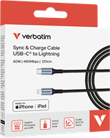 Verbatim | Sync en Laad Kabel | USB-C | Lightning | 480 Mbps | Max 60 Watt | 1,2 mtr | Nylon | Zwart-2