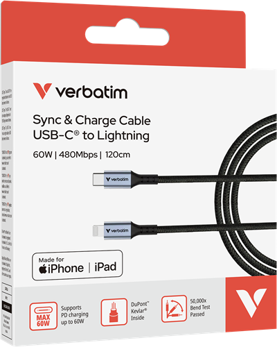 Verbatim | Sync en Laad Kabel | USB-C | Lightning | 480 Mbps | Max 60 Watt | 1,2 mtr | Nylon | Zwart-2