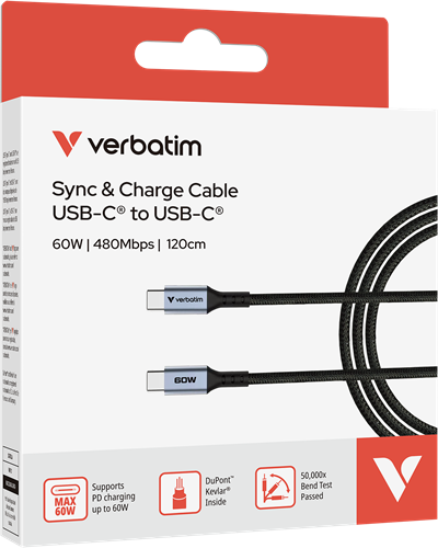 Verbatim | Sync en Laad Kabel | USB-C | 480 Mbps | Max 60 Watt | 1,2 mtr | Nylon | Zwart-2