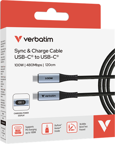 Verbatim | Sync en Laad Kabel | USB-C | 480 Mbps | Max 100 Watt | Power Display | 1,2 mtr | Nylon | Zwart-2