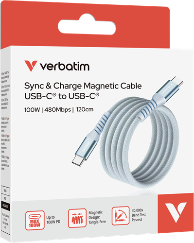 Verbatim | Sync en Laad Kabel | USB-C | 480 Mbps | Max 100 Watt | 1,2 mtr | Magnetisch | Nylon | Blauw-2