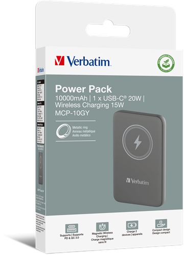 Verbatim | Powerbank | 10.000 mAh | USB-C | Magnetisch opladen | Charge 'n' Go | Grijs-3