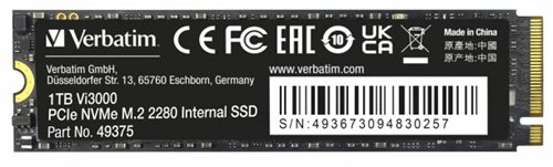 Verbatim | SSD | Intern | 1 TB | PCIe | NVMe | M.2 | Vi3000 | 22 x 80 mm | Lezen 3100 MB/s | Schrijven 2200 MB/s
