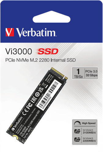 Verbatim | SSD | Intern | 1 TB | PCIe | NVMe | M.2 | Vi3000 | 22 x 80 mm | Lezen 3100 MB/s | Schrijven 2200 MB/s-2