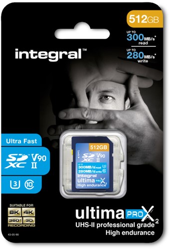 Integral | SDXC | 512 GB | UHS-2 | U3 | V90 | Lezen 300 MB/s  | Schrijven 280 MB/s | High Speed | UltimaPro X2