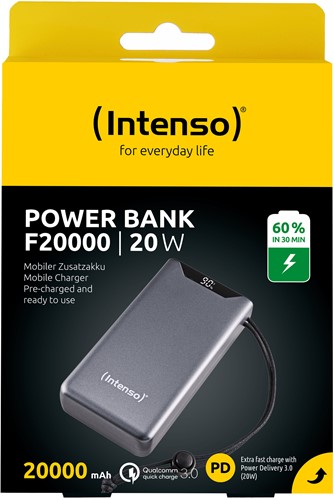 Intenso | Powerbank | 20.000 mAh | 20W | USB-C | USB-QC3.0 | PD3.0 | Display % | F20000 | Grijs-2