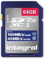 Integral | SDXC | 64 GB | UHS-1 | U3 | V30 | Lezen 100 MB/s  | Schrijven 45 MB/s | High Speed-2