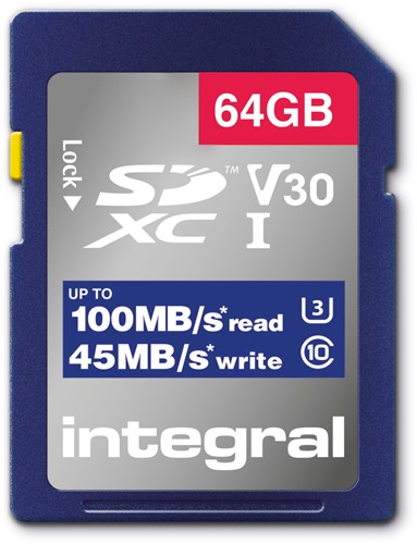 Integral | SDXC | 64 GB | UHS-1 | U3 | V30 | Lezen 100 MB/s  | Schrijven 45 MB/s | High Speed-2