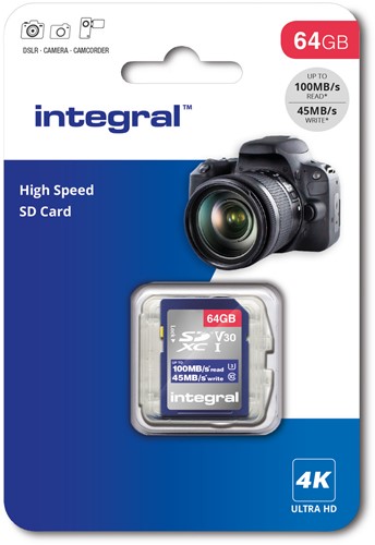 Integral | SDXC | 64 GB | UHS-1 | U3 | V30 | Lezen 100 MB/s  | Schrijven 45 MB/s | High Speed-3
