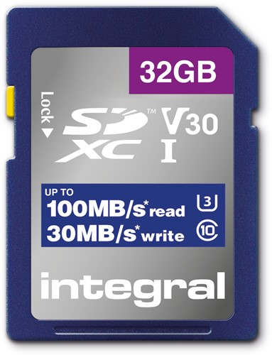 Integral | SDHC | 32 GB | UHS-1 | U3 | V30 | Lezen 100 MB/s  | Schrijven 30 MB/s | High Speed-2