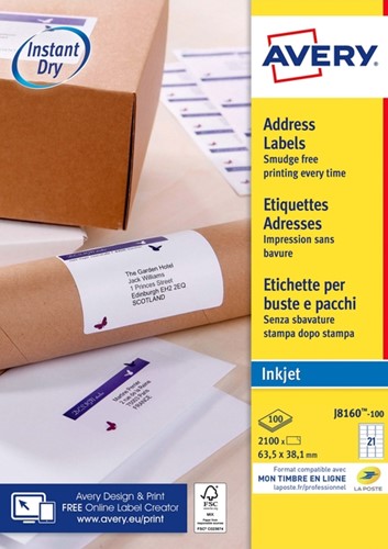 Etiket Avery J8160-100 63.5x38.1mm wit 2100 etiketten