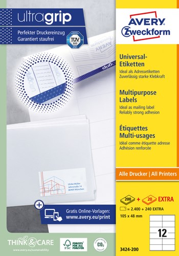 Etiket Avery Zweckform 3424-200 105x48mm wit 2400stuks