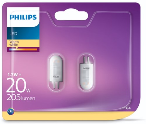 Philips | LED Capsule | G4 | 1,7W =20W | 205lm | 2700K | 330° | Niet dimbaar | 2-pack-2