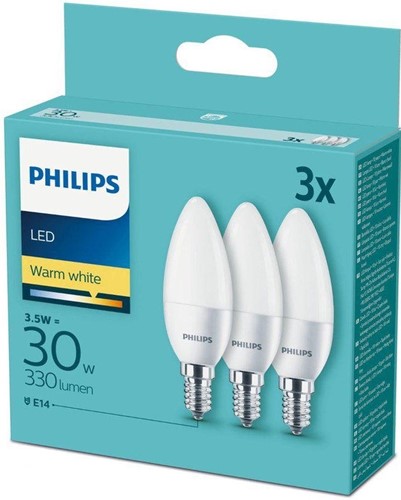 Philips | LED | Kaarslamp | B35 | E14 | 3,5W = 30W | 330lm | 2700K | Opaal | 180° | Niet dimbaar | 3-pack-2