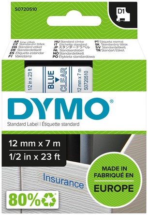 Labeltape Dymo 45011 D1 720510 12mmx7m blauw op transparant