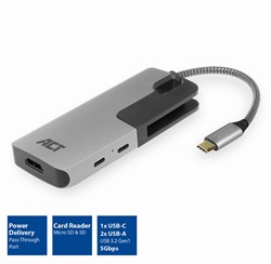 ACT | Docking | Adapter | USB-C | HDMI | 4K | PD Pass Through 60 Watt | 2x USB-A | Kaartlezer SD & MicroSD | Space Gray