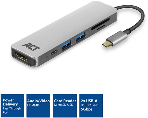 ACT | Docking | Adapter | USB-C | HDMI | 4K | PD Pass Through 60 Watt | 2x USB-A | Space Gray-2