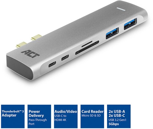 ACT | Docking | Station | 2x USB-C | 2x USB-A | Kaartlezer SD & MicroSD | Space Gray-2