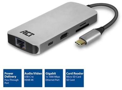 ACT | Docking | Adapter | USB-C | HDMI | 4K | PD Pass Through 60 Watt | 2x USB-A | LAN | Kaartlezer SD & MicroSD | Space Gray