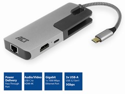 ACT | Docking | Adapter | USB-C | HDMI | 4K | PD Pass Through 60 Watt | 3x USB-A | LAN | Space Gray