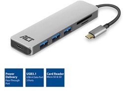 ACT | Docking | Adapter | USB-C | PD Pass Through 100 Watt | 3x USB-A 3.1 | Gen 1 | Kaartlezer SD & MicroSD | Space Gray