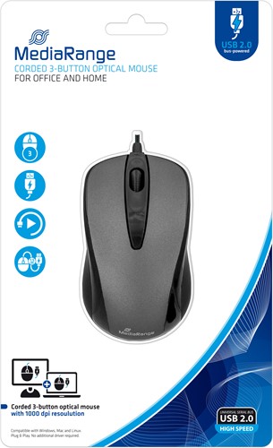 MediaRange | Muis | Bedraad | Optisch | 3 Knops | USB | Zwart-2