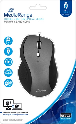 MediaRange | Muis | Bedraad | Optisch | 5 Knops | USB | Zwart-2