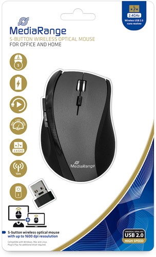 MediaRange | Muis | Draadloos | Optisch | 5 Knops | USB | Zwart-2
