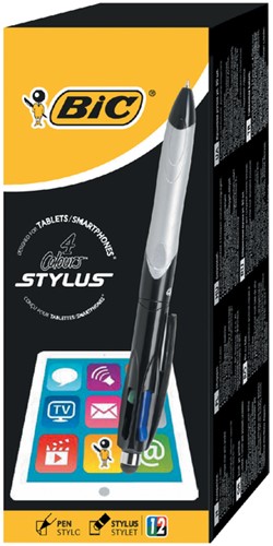 Balpen Bic 4 kleuren colours stylus medium zwart/grijs-2