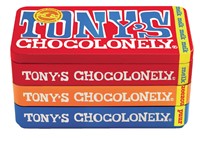 Chocolade Tony's Chocolonely puur-melk en karamel zeezout blik 540gr