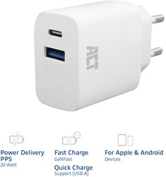 ACT | Oplader | USB-A | USB-C | 230 Volt | 2-Poorts | Quick Charge 3.0 | PD PPS | 20 W