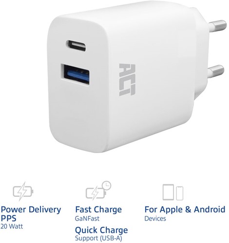 ACT | Oplader | USB-A | USB-C | 230 Volt | 2-Poorts | Quick Charge 3.0 | PD PPS | 20 W