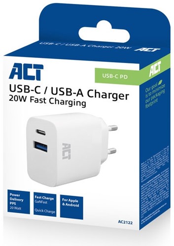 ACT | Oplader | USB-A | USB-C | 230 Volt | 2-Poorts | Quick Charge 3.0 | PD PPS | 20 W-2