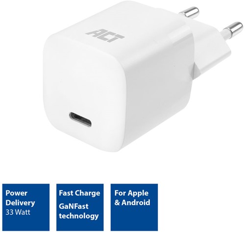 ACT | Oplader | USB-C | Compact | Power Delivery | GaNFast | 33 W | 1 poort-2