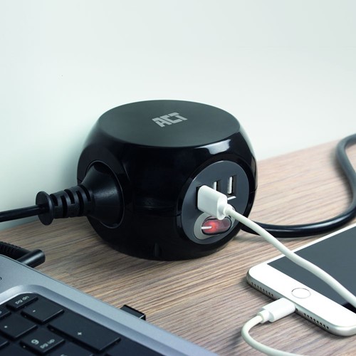 ACT | Stekkerblok | Kubus | 3 Sockets | 3 x USB | 1.5 mtr snoer | Zwart-3