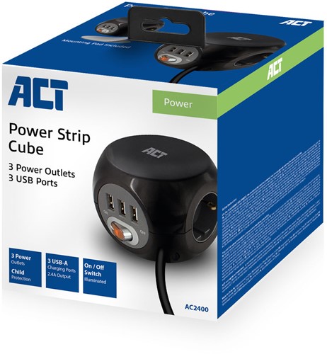 ACT | Stekkerblok | Kubus | 3 Sockets | 3 x USB | 1.5 mtr snoer | Zwart-2
