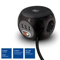 ACT | Stekkerblok | Kubus | 3 Sockets | 3 x USB | 1.5 mtr snoer | Zwart