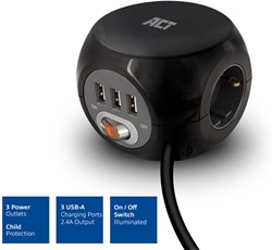ACT | Stekkerblok | Kubus | 3 Sockets | 3 x USB | 1.5 mtr snoer | Zwart