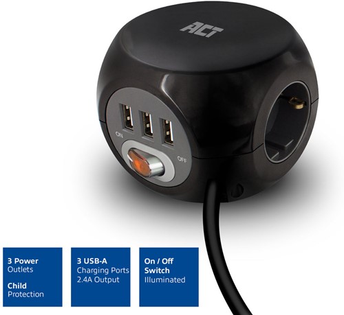 ACT | Stekkerblok | Kubus | 3 Sockets | 3 x USB | 1.5 mtr snoer | Zwart
