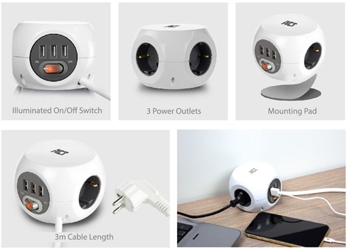 ACT | Stekkerblok | Kubus | 3 Sockets | 3 x USB | 3 mtr snoer | Wit-3