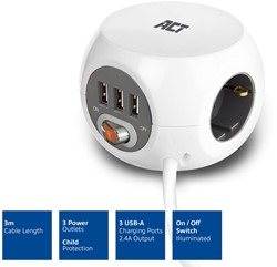 ACT | Stekkerblok | Kubus | 3 Sockets | 3 x USB | 3 mtr snoer | Wit